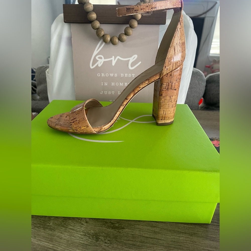 Sam Edelman Cork-Look Block Heel Sandal in Natural Tan - Picture 2 of 7
